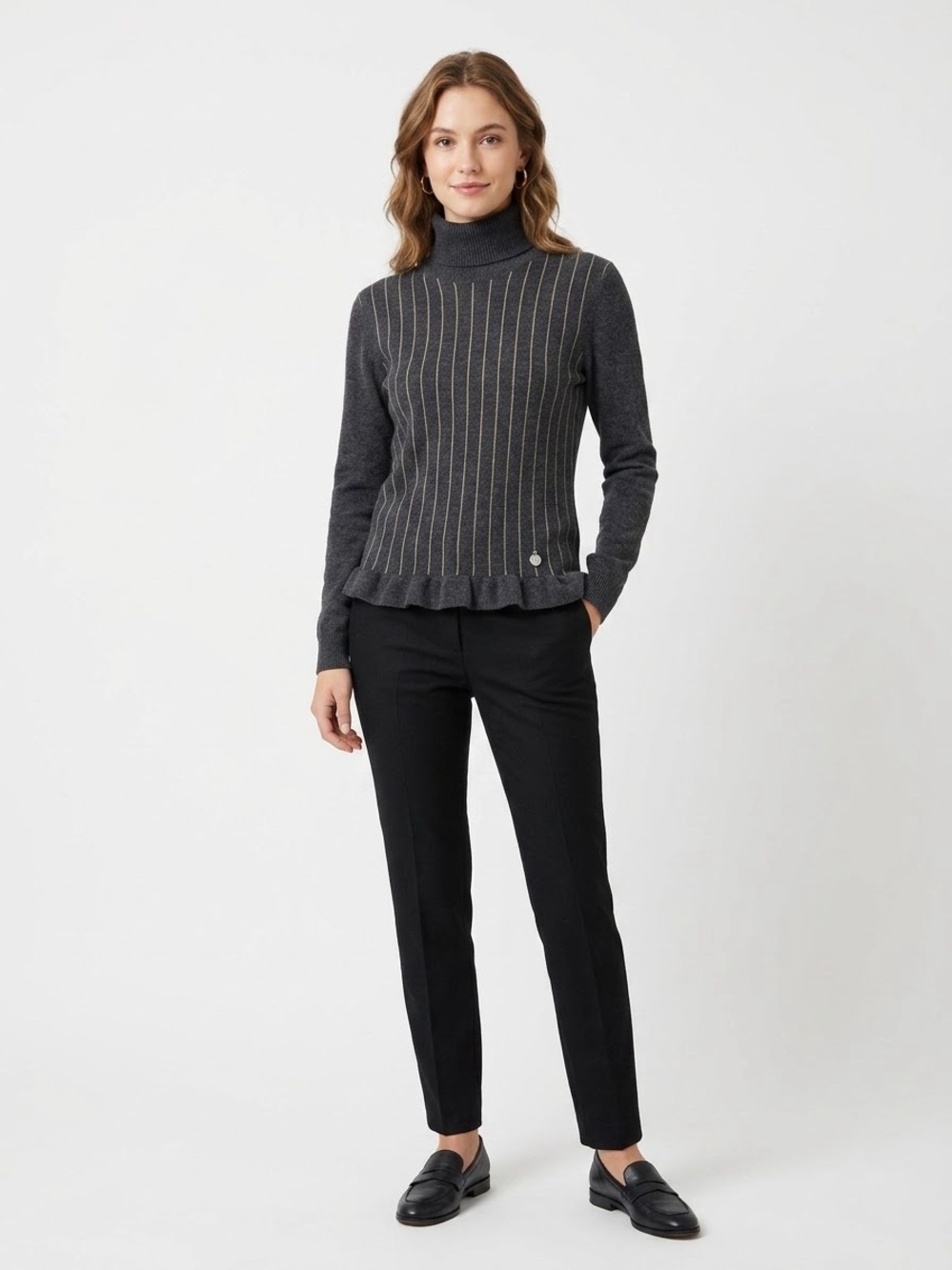 Valentino Roma Gray Wool Blend Pinstripe Turtleneck Ruffle Sweater IT 42 US 6